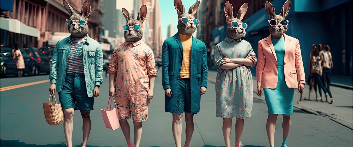 An AI generated image of a group of people in crazy Easter bunny masks standing in a street - The Tonic article illustration