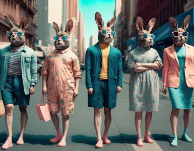 An AI generated image of a group of people in crazy Easter bunny masks standing in a street - The Tonic article illustration