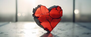 Glass heart that has been shattered and stuck together again, with light shining through from behind it