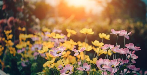 Image is of little pink and yellow flowers with sunlight streaming through from behind